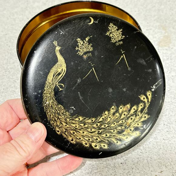 Vintage candy cookie biscuit tin black & gold peacock motif Art Deco storage - Picture 7 of 7